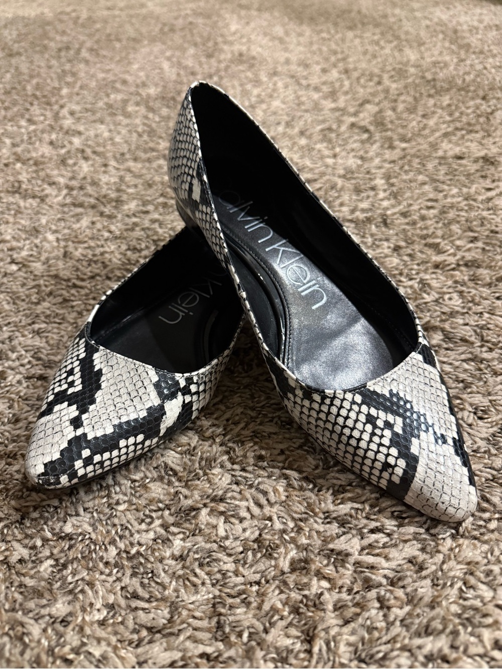 Calvin Klein Black and White Snakeskin Print Pointed Toe Flats | Size 9.5